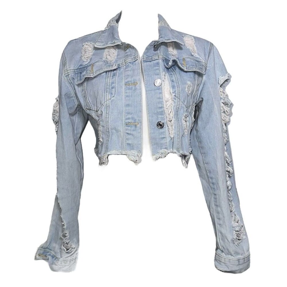 Women's Distressed Cropped Denim Jacket Blue White Size M